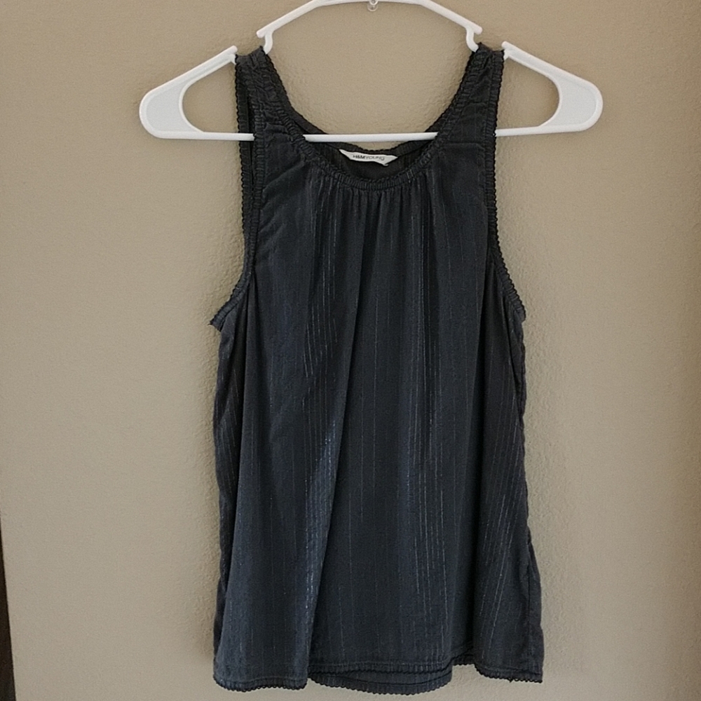 Gray tank blouse, shimmery stripes